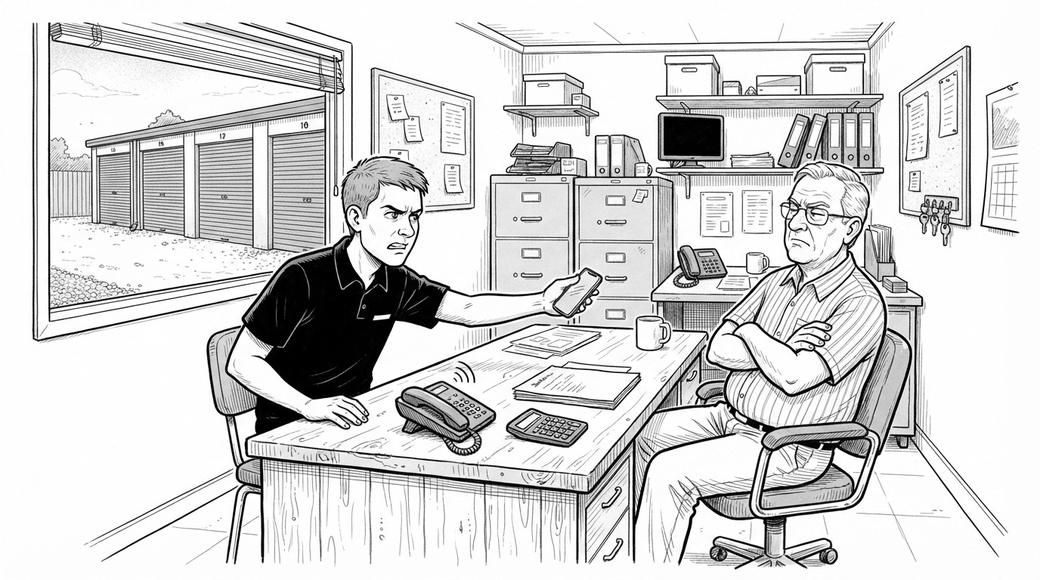 In a self-storage site office, a young worker holds out his phone to play a recording while his manager leans back with arms folded.