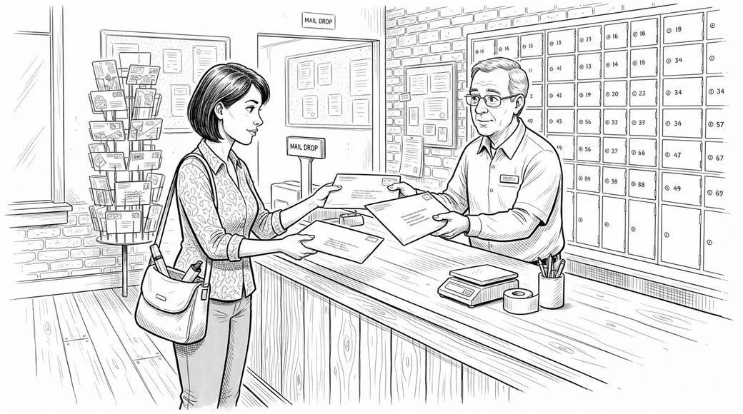 A woman at a country post office counter hands over two separate large envelopes.