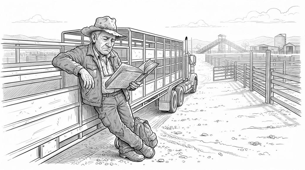 An older truck driver frowns at a worn handwritten workbook as he leans on an empty livestock trailer at a country saleyard.
