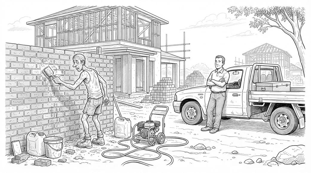 A worker scrubs mortar off a new brick wall on a dusty building site while another man watches from the shade of a ute.