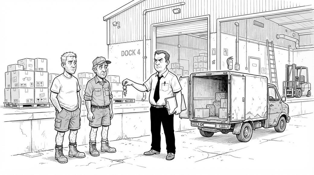 A manager holds out a delivery truck's keys to two uneasy drivers on a factory loading dock stacked with cartons.