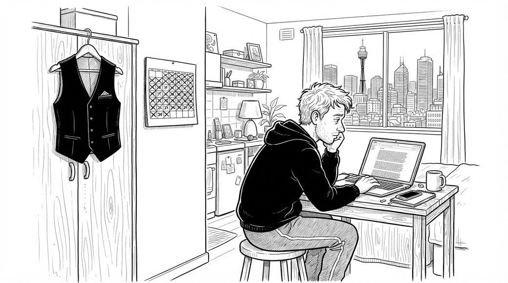 During lockdown a young man reads an email at his kitchen bench, an unused concierge waistcoat hanging behind him and a calendar crossed off on the wall.