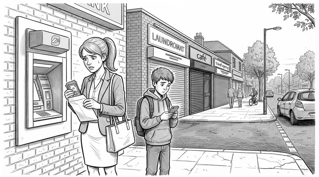 A young woman counts cash from an ATM into an envelope while her brother waits beside her on a suburban street at dusk.