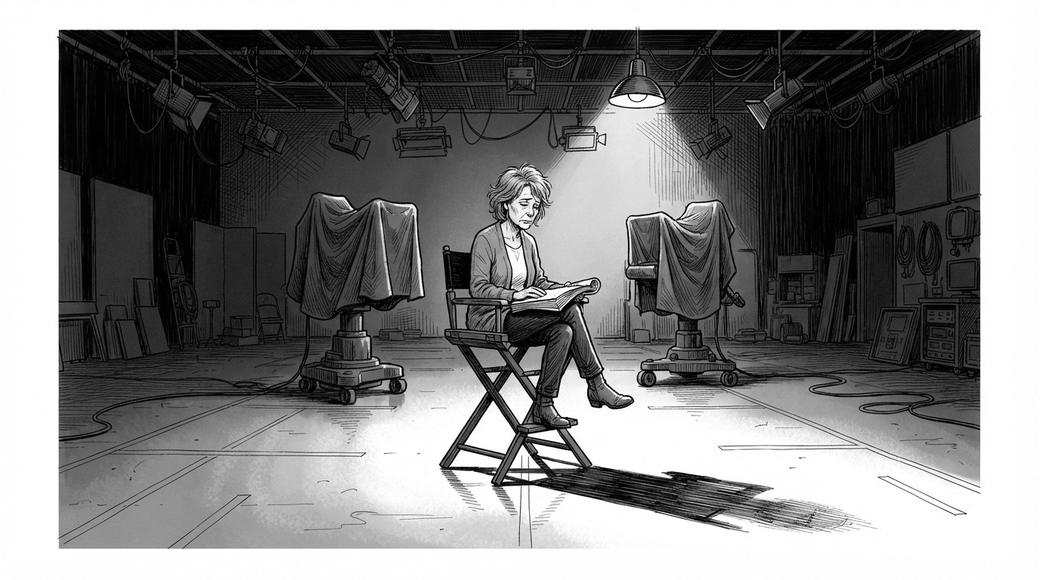 A woman sits alone with a thick document on her lap in a darkened television studio, the cameras under covers.