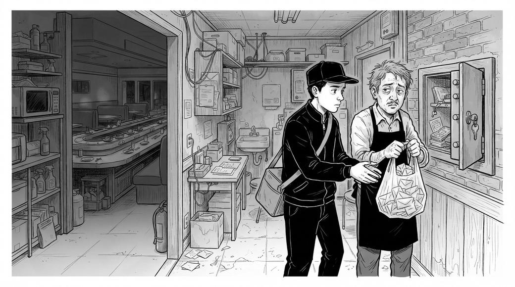 A courier hands a bag of small paper envelopes to a restaurant supervisor beside an open safe, a still sushi conveyor belt in the background.