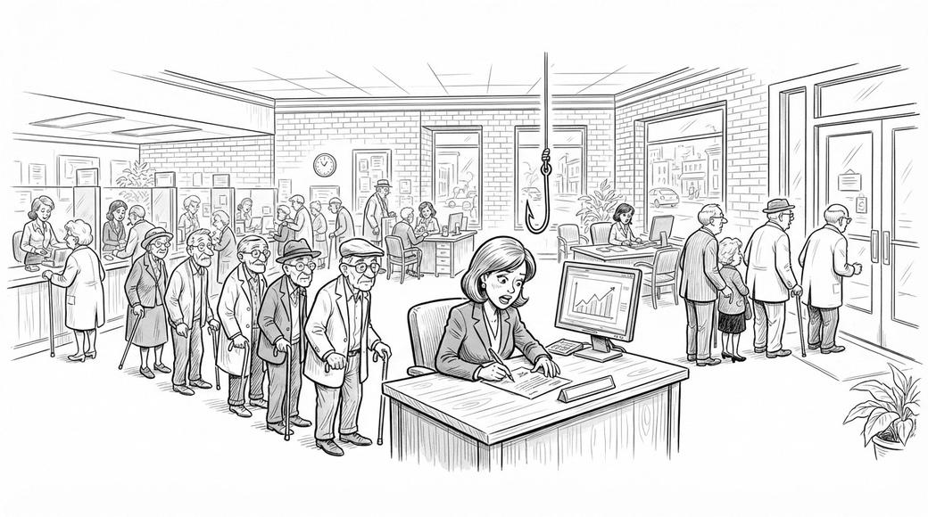 A busy bank manager signs a payment form at her desk, unaware of a fishing hook dangling in front of her computer screen, while customers queue behind her.
