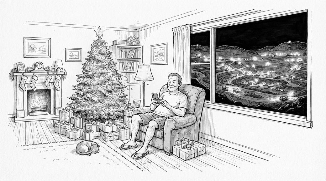 A man beside a Christmas tree types on his phone while a floodlit open-cut coal mine glows on the hills outside his window.
