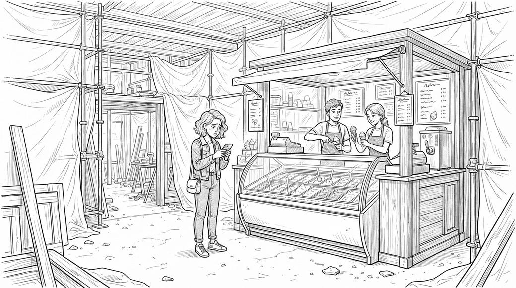 A young woman holding her phone stands outside a gelato kiosk in a restaurant under renovation, as two younger staff in aprons scoop gelato behind the counter.