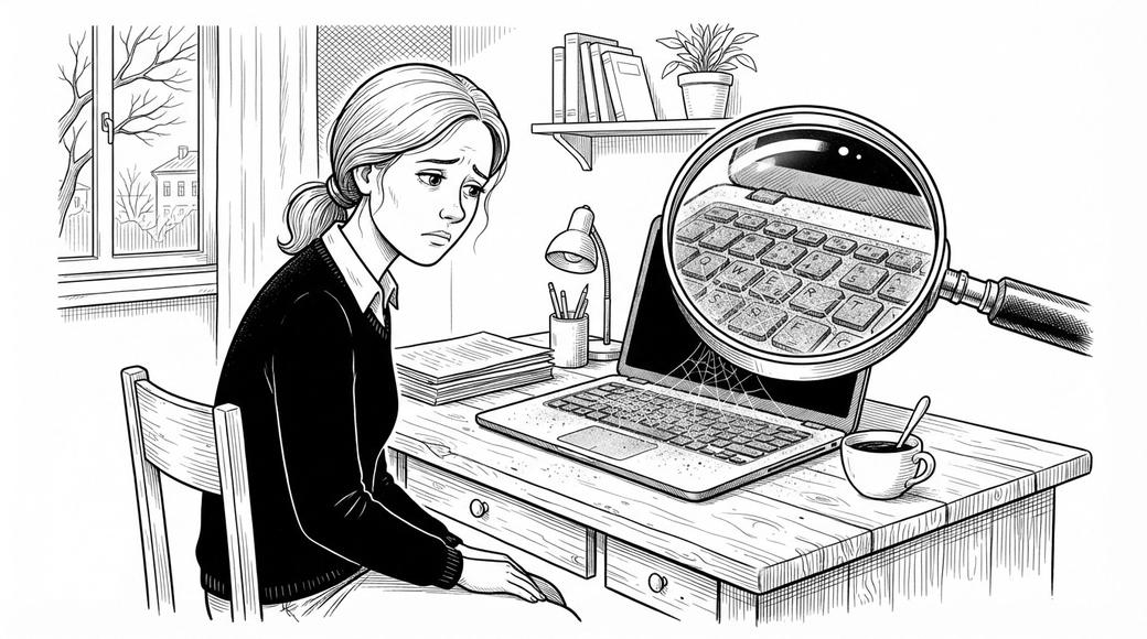 A woman sits at a desk beside a dusty, unused laptop keyboard as a large magnifying glass hovers over the keys.