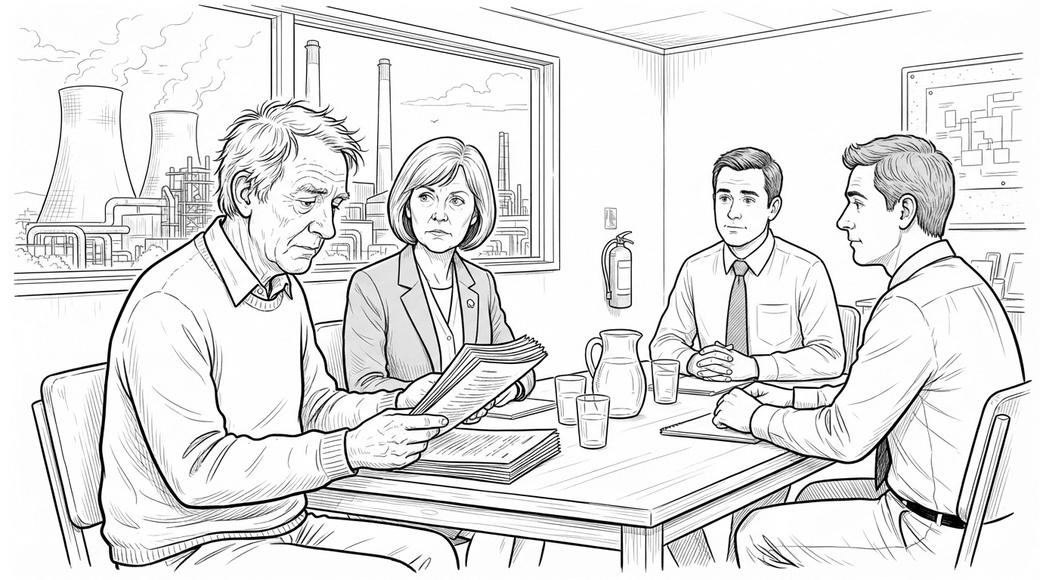 An older man beside his union representative reads a thick medical report across the table from two managers, with power station cooling towers outside.