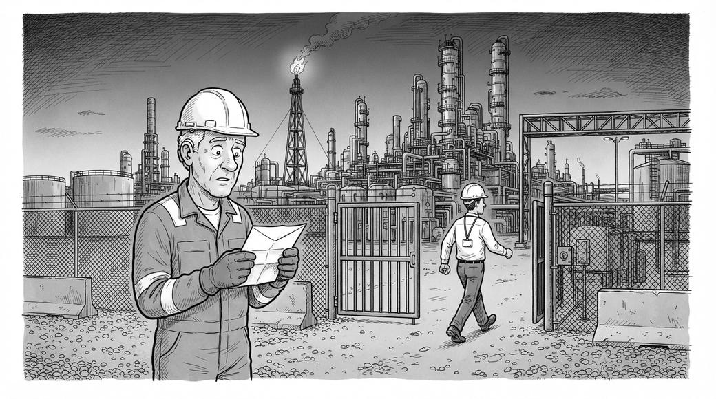 A grey-haired refinery worker with a hearing aid stands at the refinery gates holding an open envelope as a manager walks away.