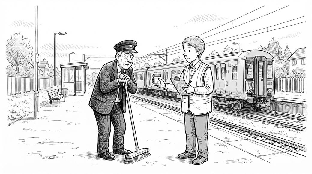 On a quiet railway platform at dawn, an older station attendant with a broom looks at a sample jar held out by a tester in a hi-vis vest.