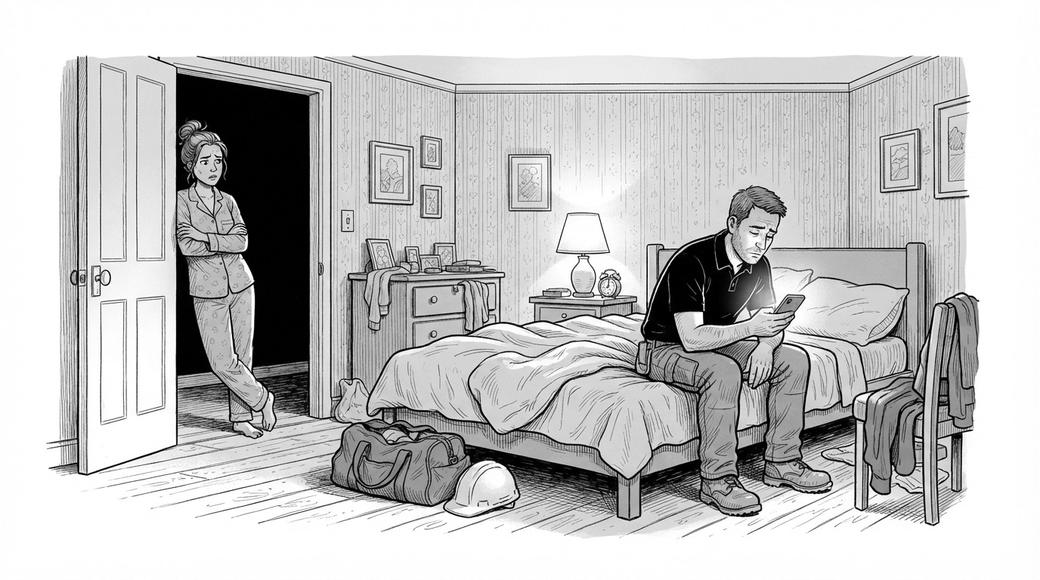 A contractor sits on his bed at night staring at his phone, his packed bag and hard hat by the door, as his partner watches from the doorway.