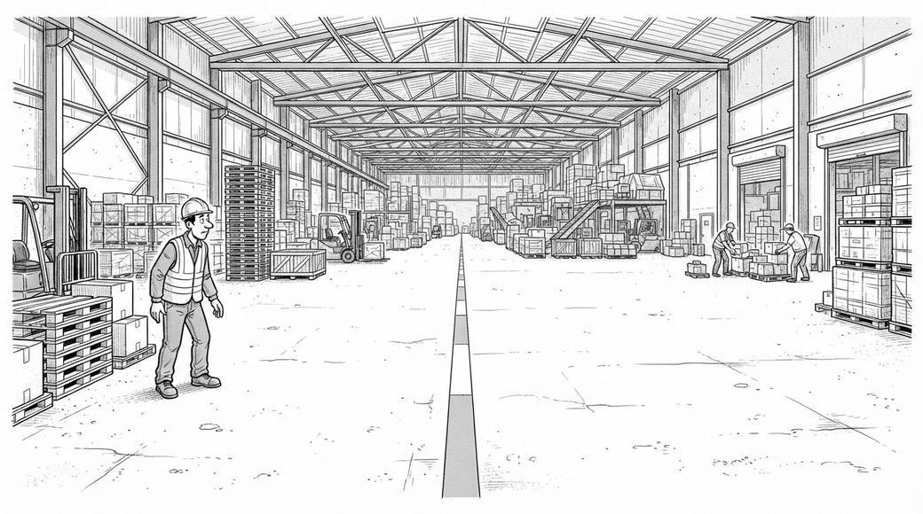 A worker in a freight depot looks across a painted line dividing the floor towards two distant co-workers.