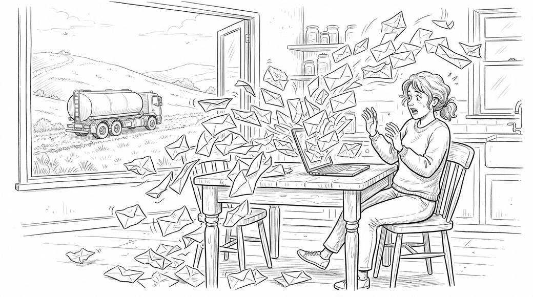 A woman working from home recoils as a flood of envelopes pours out of her laptop, a water truck visible on a hill outside.