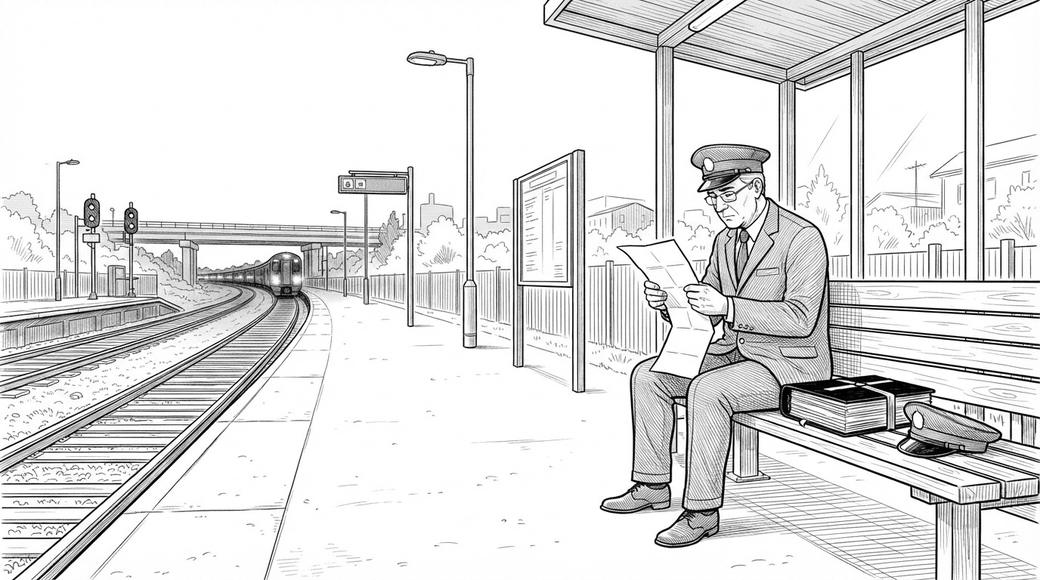 A uniformed rail worker sits alone on a platform at dusk reading a letter as a train pulls away.