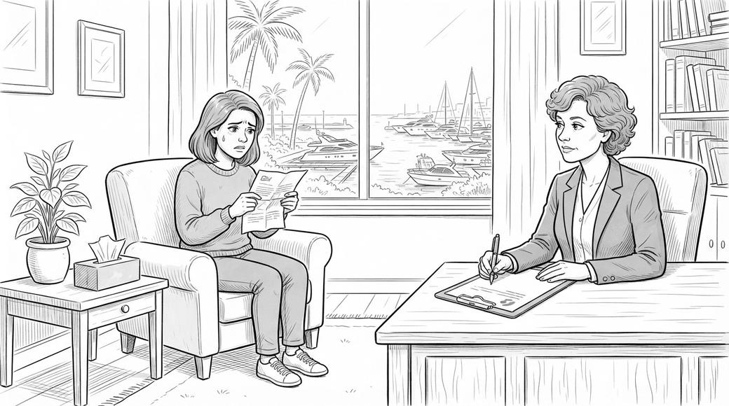 A woman holding a letter sits in a psychologist’s room while the psychologist writes a note, palm trees and yachts outside.