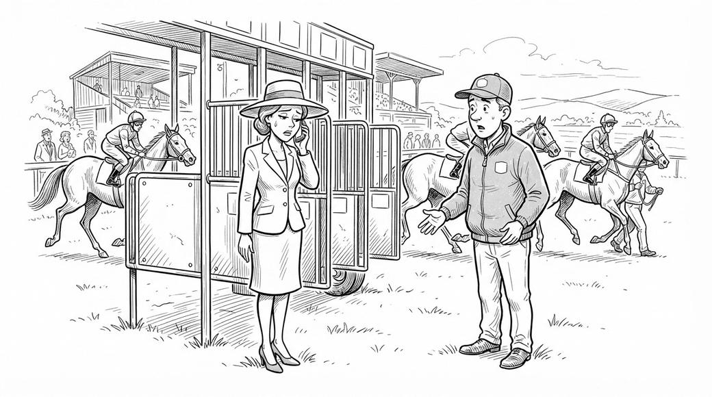 A woman at a racecourse starting gate takes a phone call that clearly upsets her while a starter looks on.