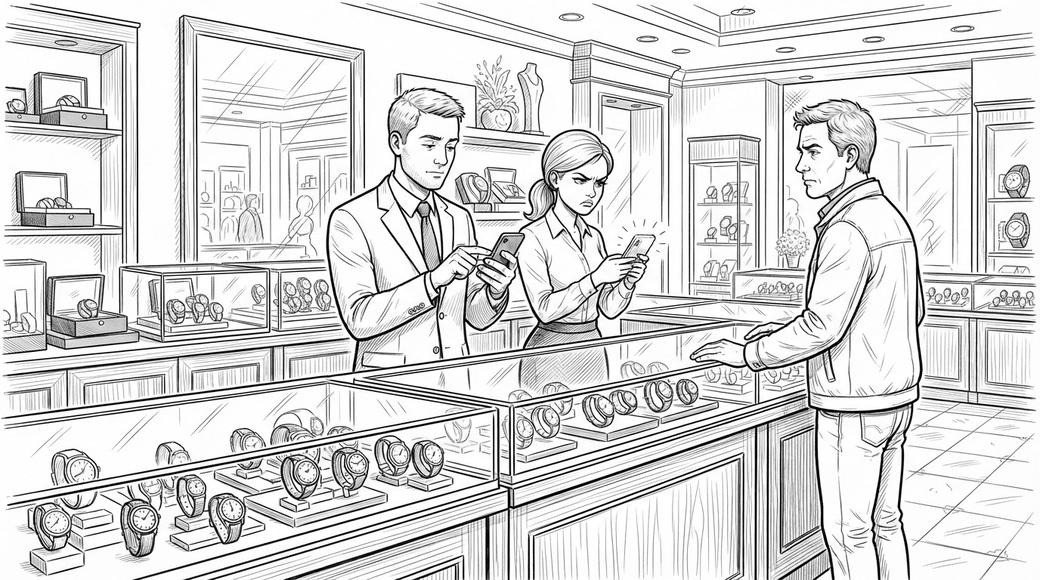In a luxury watch shop, a manager types on his phone beside a colleague who frowns at the message on hers while a customer waits.