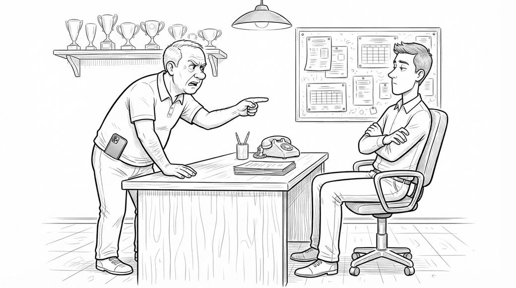 An older man leans over a club office desk lecturing a younger administrator, a phone in his pocket glowing as it records.