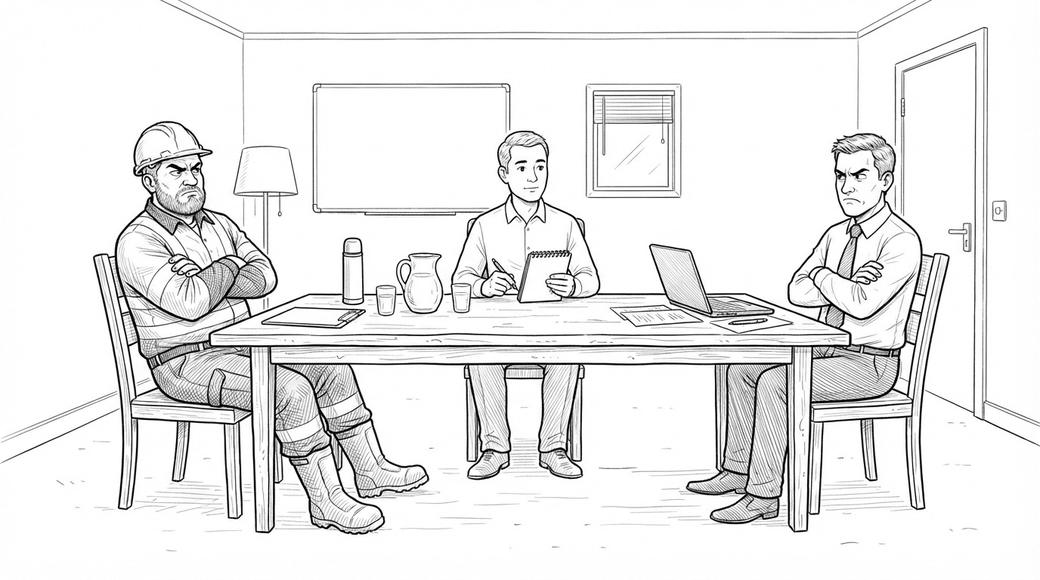 A field engineer and his manager sit apart at a meeting table while a mediator sits between them.