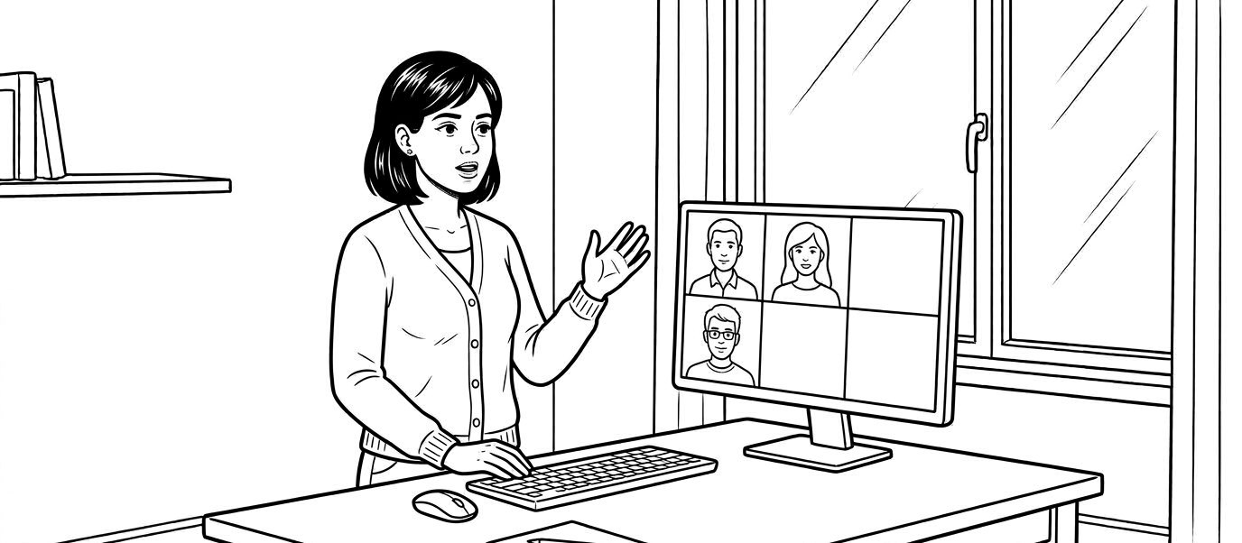Claire standing at her desk, speaking calmly on a video call
