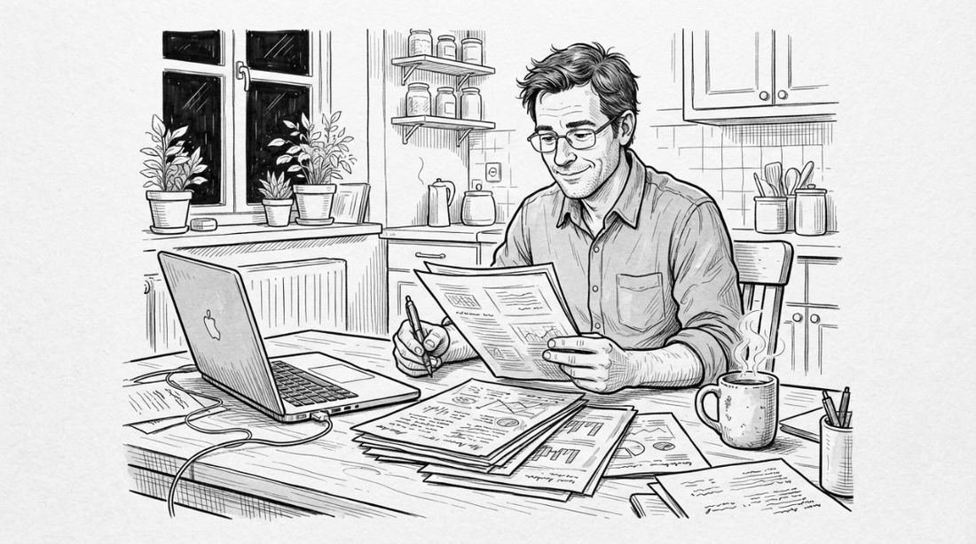 A man at his kitchen table reads his printed case report, highlighter in hand