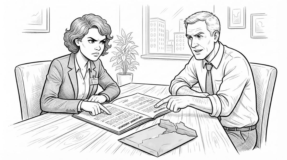 An employee and her boss point at different clauses of one contract