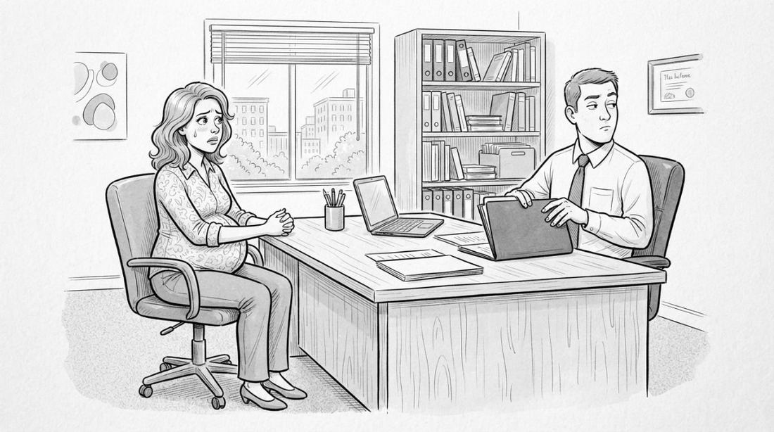 A pregnant worker across the desk from a manager closing a folder