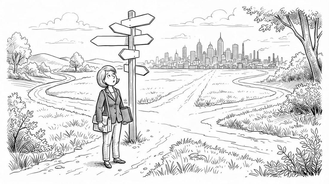 A woman at a crossroads with signposts pointing in different directions