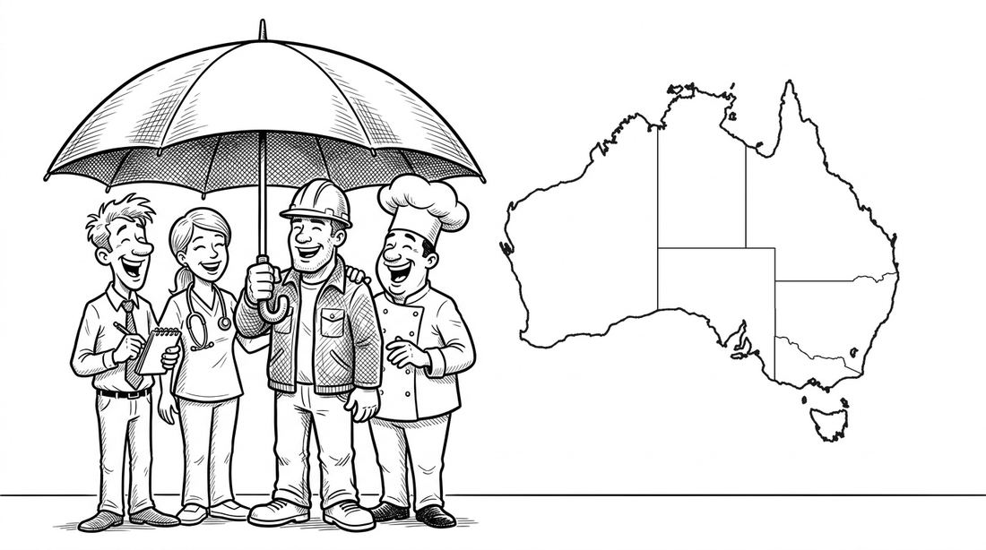 An office worker, a nurse, a tradesperson and a chef share one umbrella beside a map of Australia