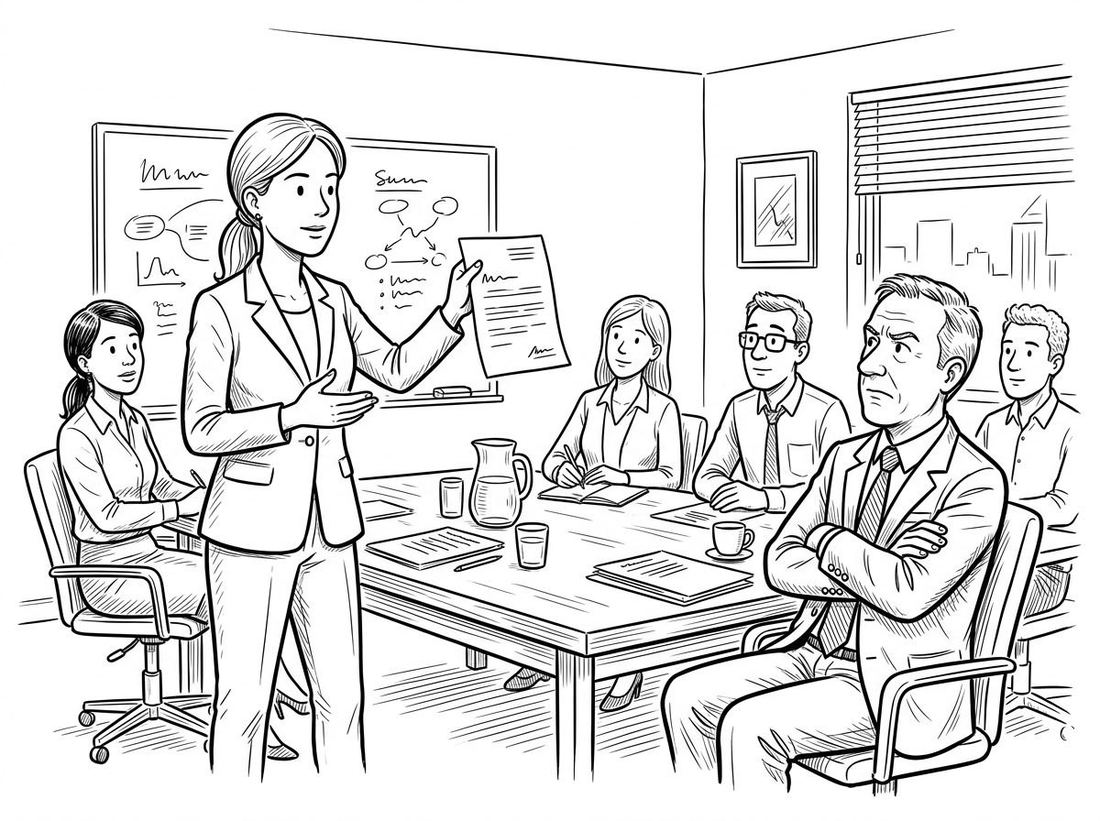 A woman stands in a meeting to raise a concern while a manager folds his arms