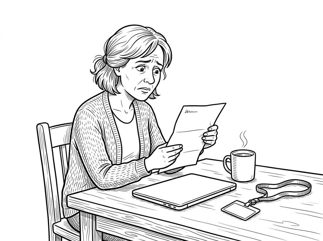 A woman at her kitchen table reads a letter, her work lanyard beside her