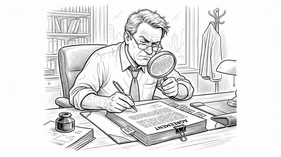 A man reads the fine print of a deed through a magnifying glass before signing