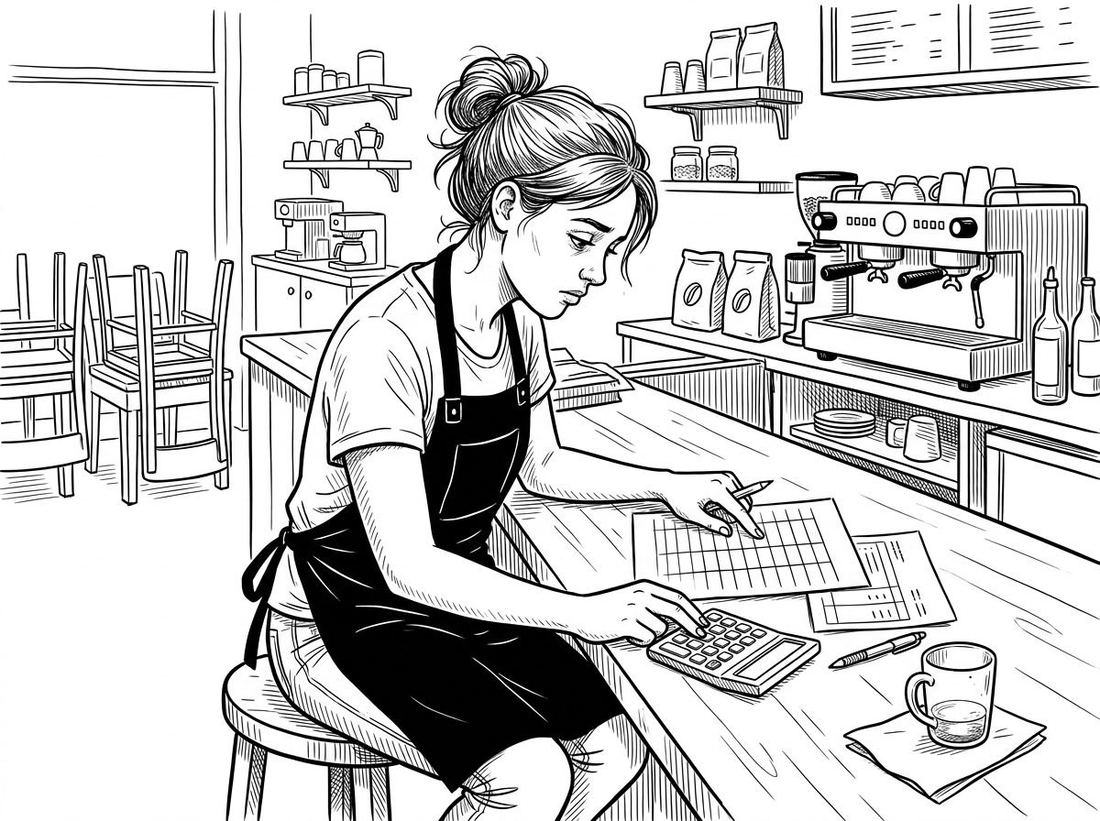 A cafe worker checks her payslip against her timesheet with a calculator