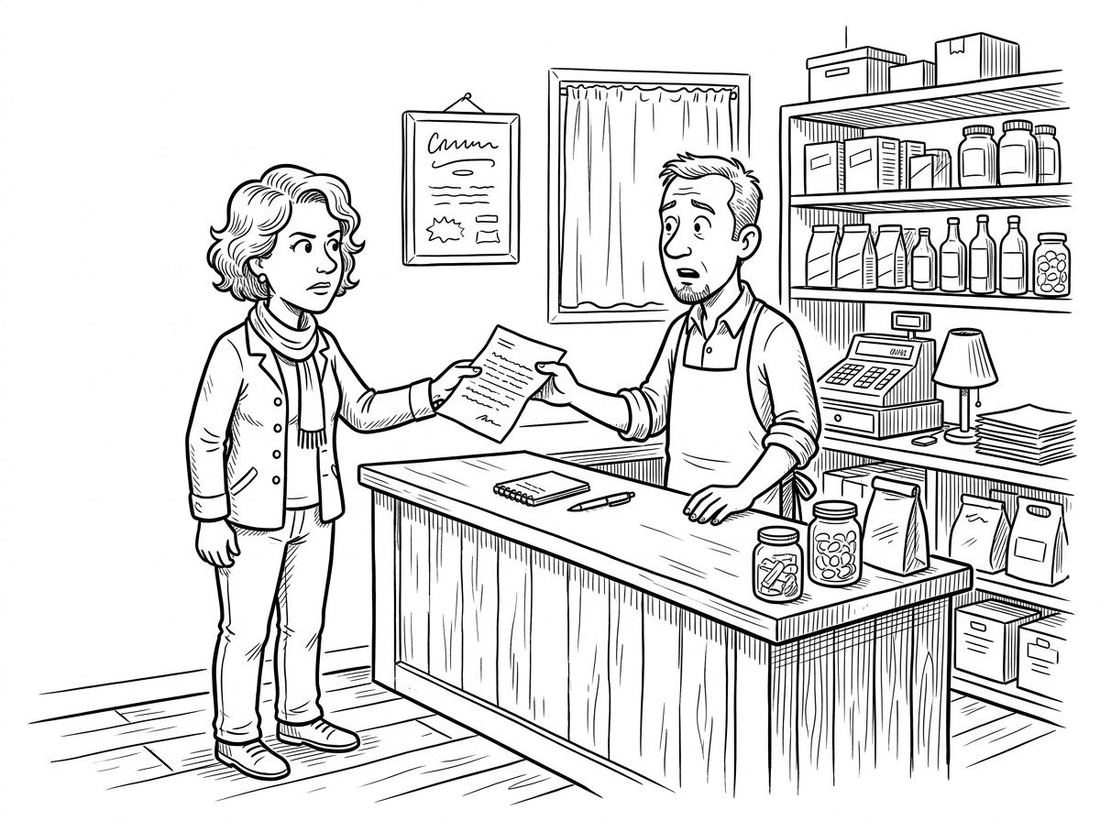 A woman hands a written complaint across the counter to a small business owner