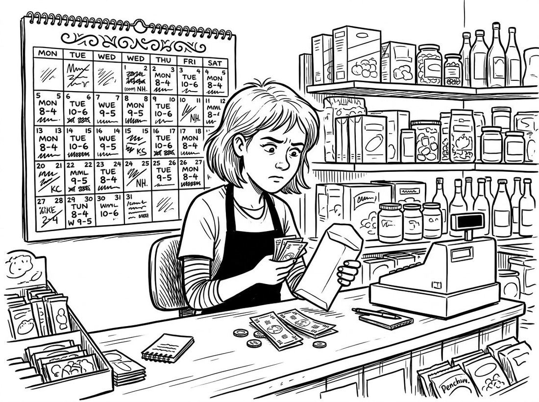 A corner shop worker counts her pay, a calendar full of shifts behind her