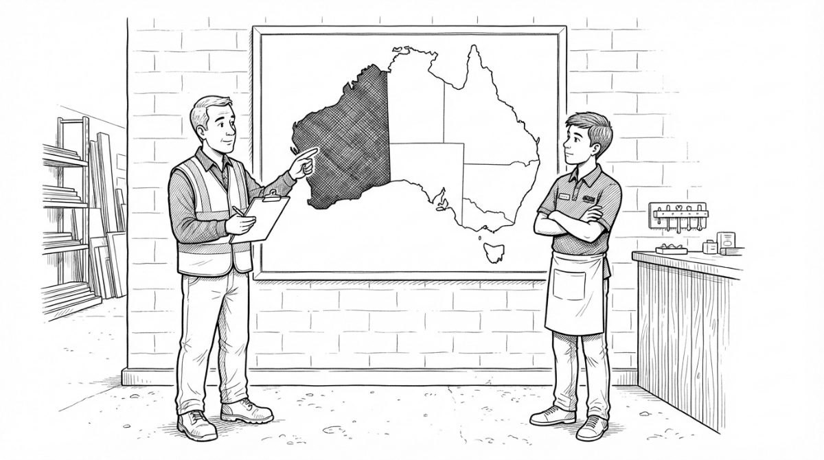 Two workers look at a map of Australia with Western Australia shaded