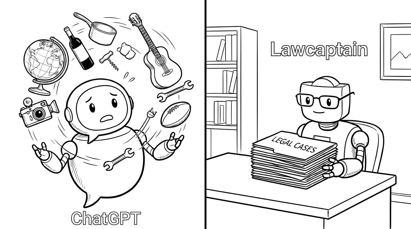 A general chatbot juggling everything at once, beside the Lawcaptain robot working through a stack of legal cases