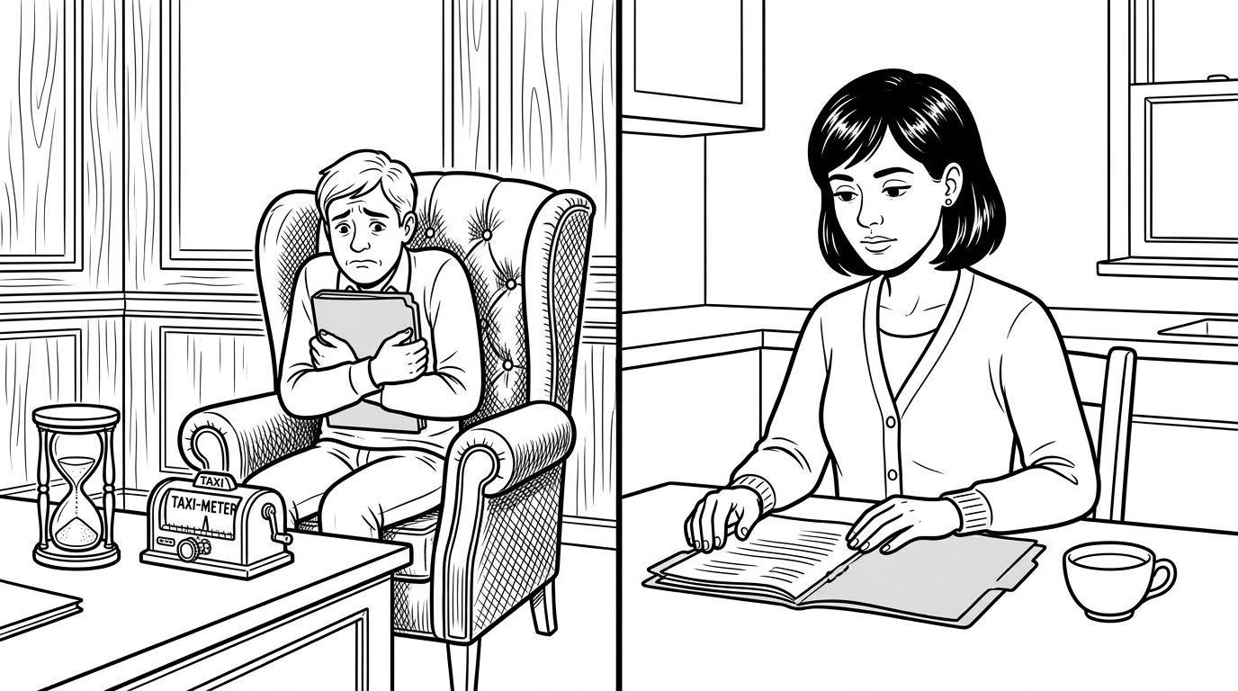 On one side, a client waits in a lawyer's office beside an hourglass; on the other, Claire reads her review at home with a cup of tea