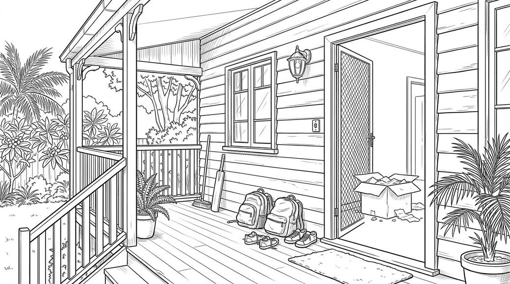 Two school backpacks and two pairs of boys' sneakers beside the door of a Brisbane house, with a moving box in the hallway.