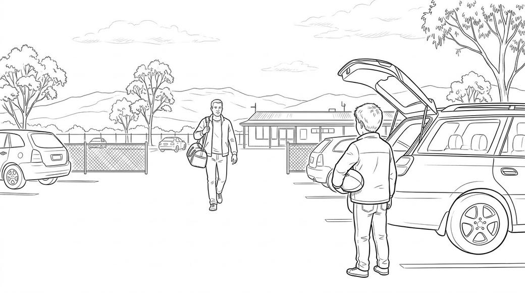 A father home from a work roster walks towards his son, seen from behind holding a football, in a regional airport car park.