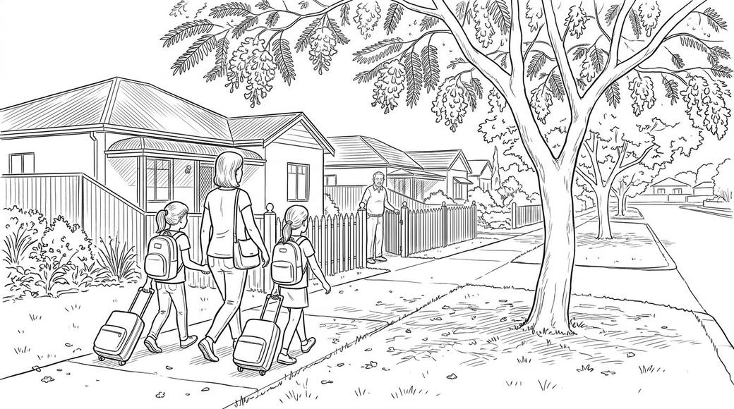 A mother and two girls, seen from behind with suitcases, walk along a leafy Perth street towards a grandfather at a gate.