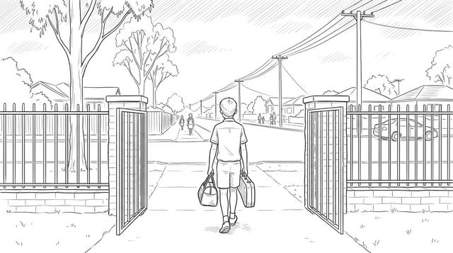 A boy seen from behind with a sports bag and instrument case walks out of a school gate alone on a Friday afternoon.