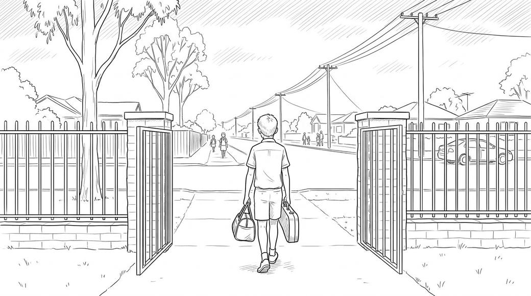 A boy seen from behind with a sports bag and instrument case walks out of a school gate alone on a Friday afternoon.