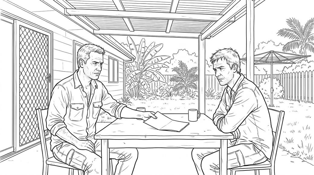 Two men at a patio table, one passing a folded paper to the other.