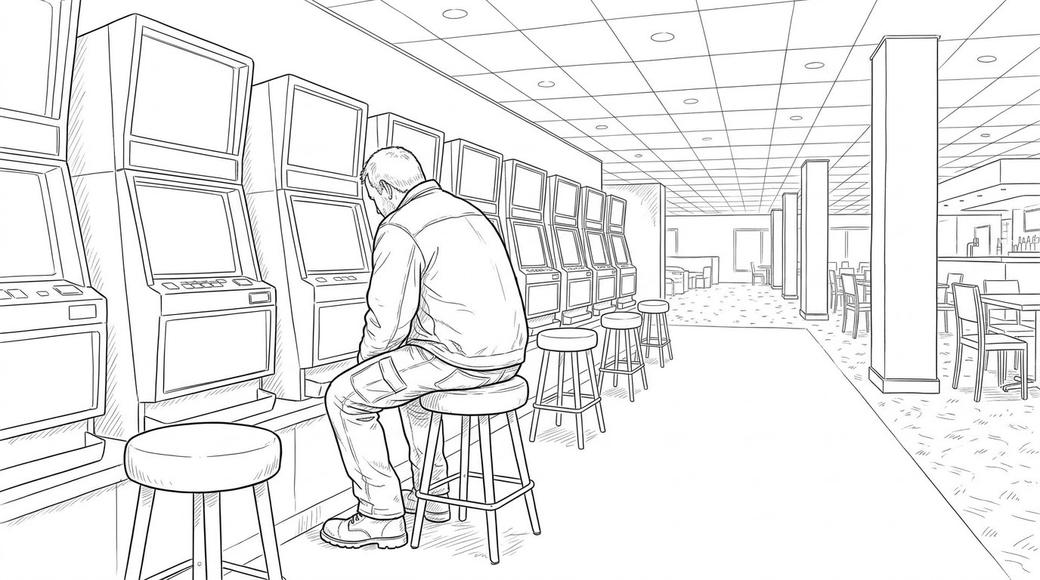 A man seen from behind, alone at glowing poker machines late at night.