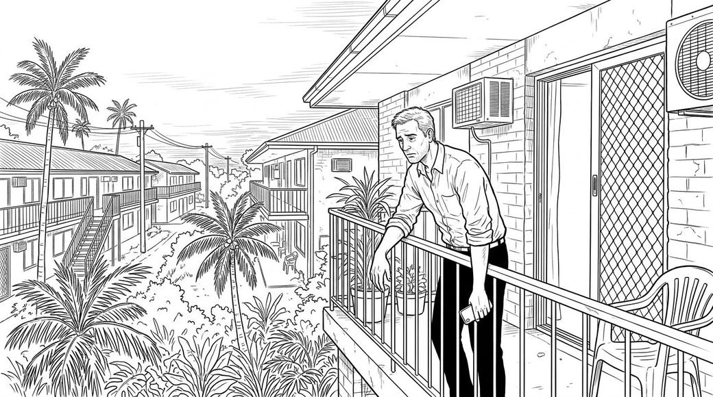 A man alone on an apartment balcony at dusk in the tropics, phone in hand.