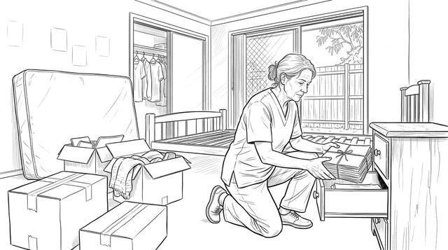 A woman in a work uniform finding a bundle of papers in a drawer while clearing out a house.