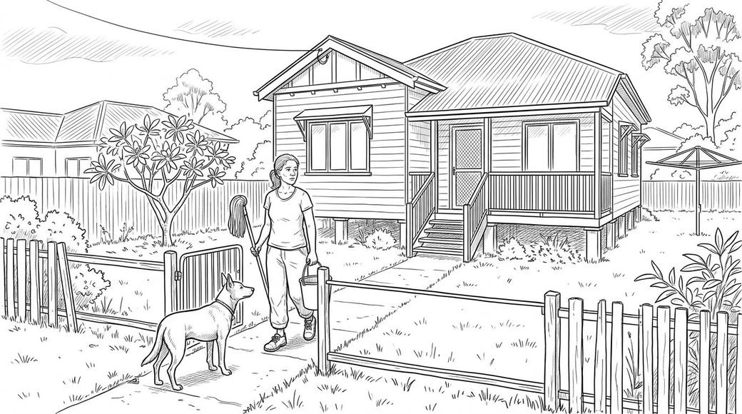 A woman carrying a mop and bucket out of an empty house, a dog waiting at the gate.